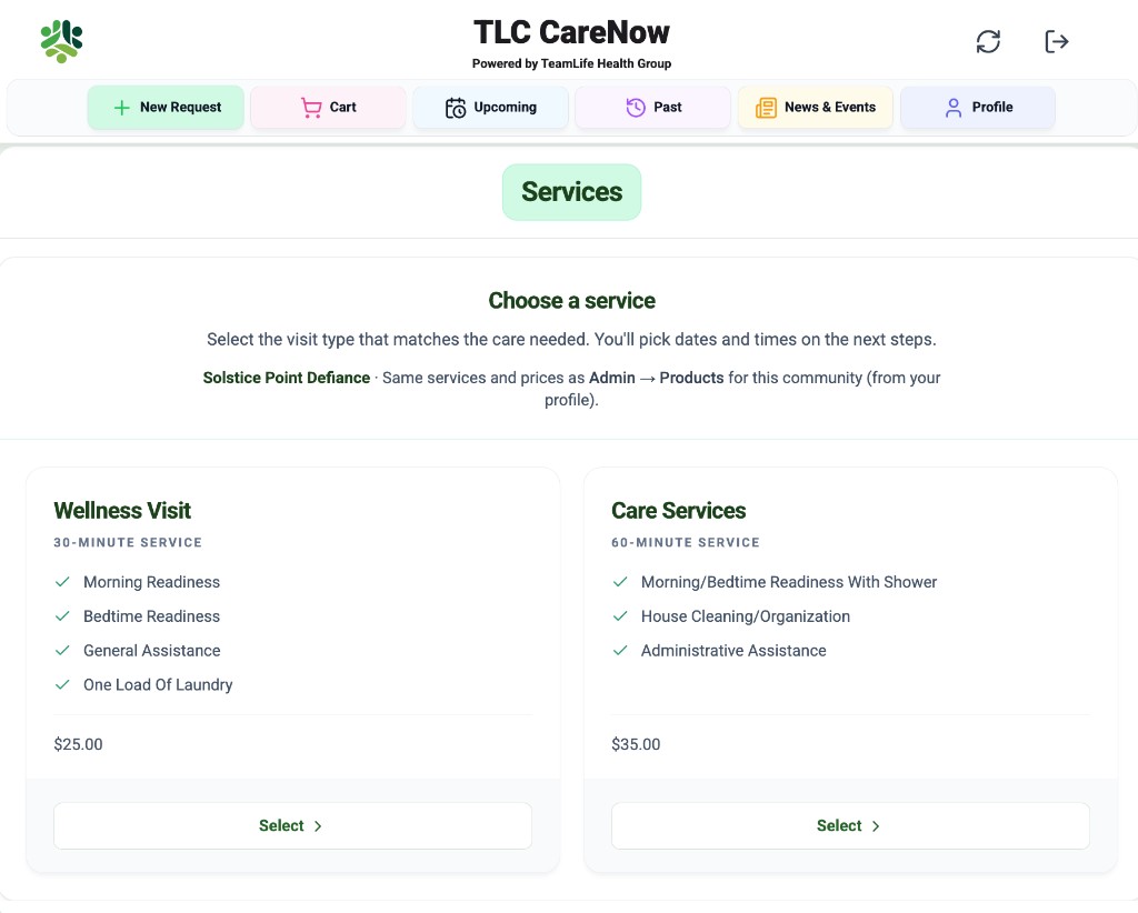 TLC CareNow services screen showing wellness and care service options