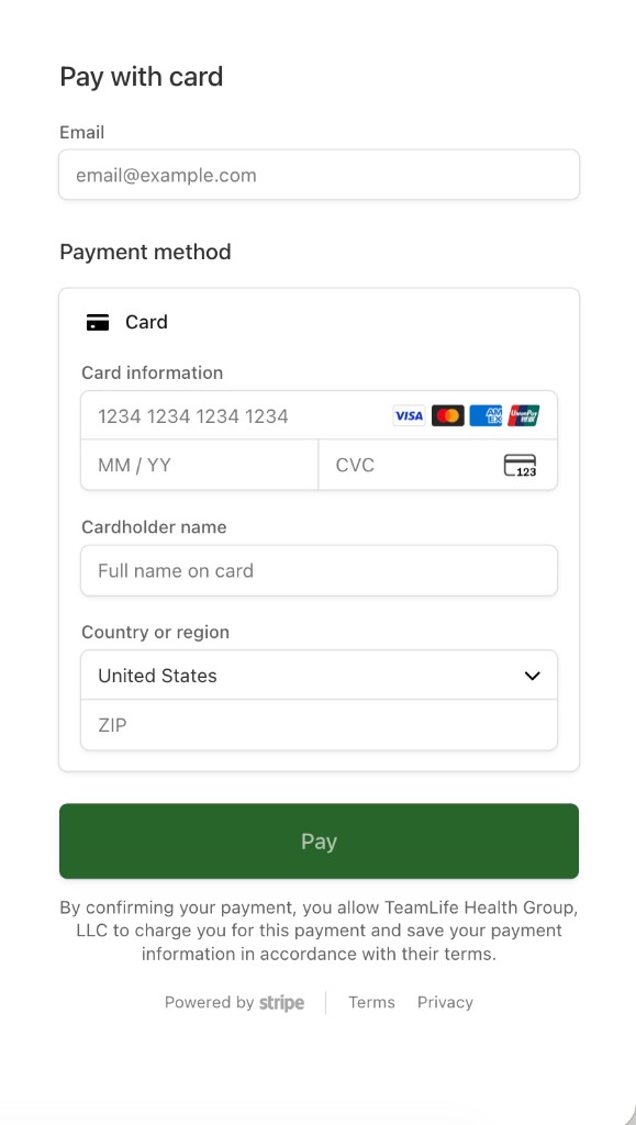 TLC CareNow secure card checkout screen powered by Stripe