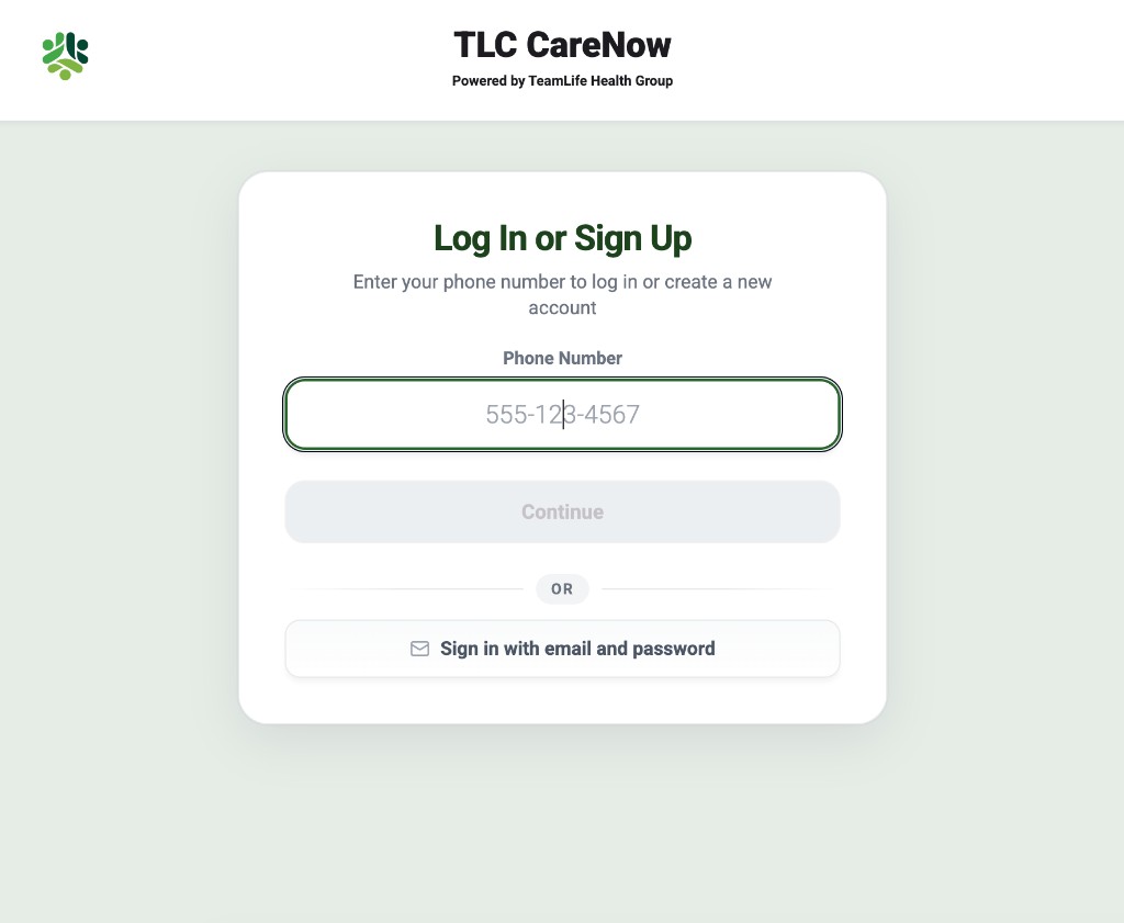 TLC CareNow sign-in screen showing phone number login