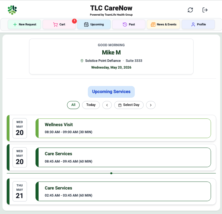TLC CareNow home screen showing upcoming services and visit schedule